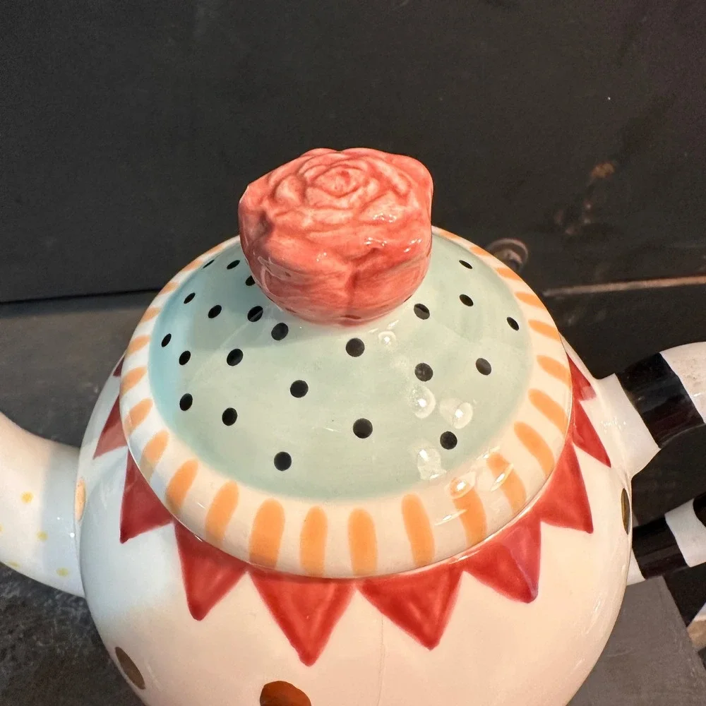 Whimsical Teapot Mug Set Harlequin Polka Dot Striped MacKenzie Childs Style Tea